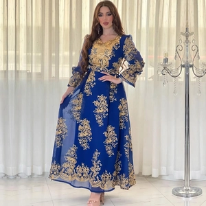 Elegant dark blue long dress with gold embroidery and V-neck for women