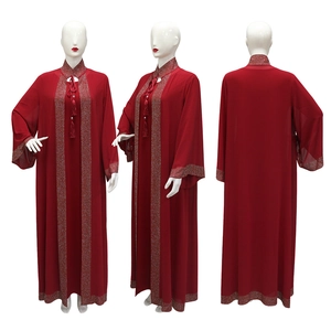 Three-view display of a maroon abaya set with silver rhinestones and tassel details