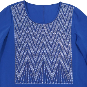Detailed view of Royal Blue Muslim dress featuring silver rhinestone V-shaped patterns