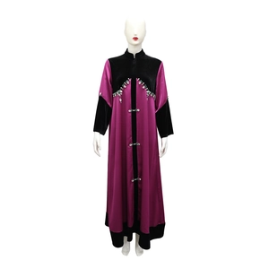 Detailed view of the purple satin and black velvet拼接 Abaya with rhinestone beading