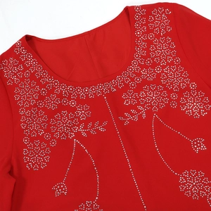 Gros plan sur la robe de soirée rouge avec détails floraux en strass argentés sur l'encolure