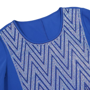 Close-up of blue Muslim maxi dress featuring decorative V-shaped rhinestones on the neckline