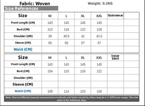 Detailed size chart for elegant two-piece embroidered dress with woven fabric dimensions