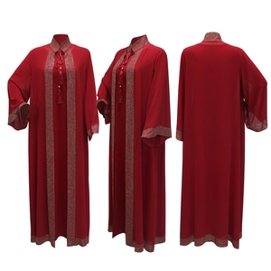 Three-view display of dark red abaya set with rhinestone trim and tassel detail