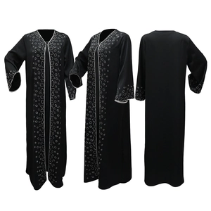 Three-view layout of black long-sleeve abaya featuring white rhinestone circular patterns