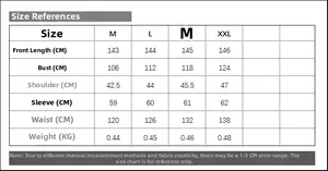 Detailed size chart for long printed dresses with measurements from size M to XXL