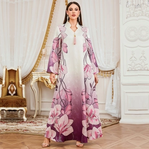 Floral print maxi kaftan dress with purple gradient lily pattern and tassel neckline