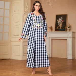 Women Embroidered Gingham Maxi Dress Long Sleeve V-Neck Muslim Abaya Kaftan Ethnic Boho Loose Fit Casual Holiday Dress