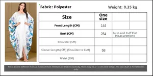 Detailed size chart for floral print batwing kaftan dress with polyester fabric specs