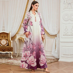 Elegant floral print V-neck kaftan maxi dress with pink tassel and gradient purple finish