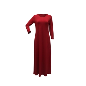 Detail of red floor-length party dress featuring elegant round neck and slim-fit long sleeves