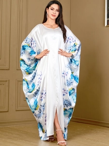 Women Satin Batwing Sleeve Kaftan Dress Botanical Floral Print Loose Maxi Abaya Ethnic Casual Long Robe