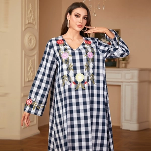 Women's plaid long-sleeved dress with floral embroidery and elegant V-neck design