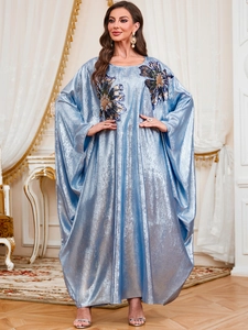 Elegant metallic light blue kaftan dress with floral sequin embroidery and batwing sleeves