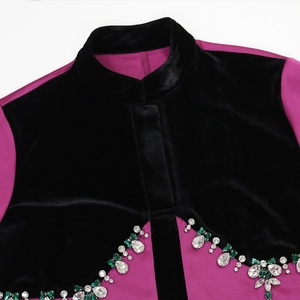 Detail of velvet and satin patchwork with luxury rhinestone wavy border embroidery