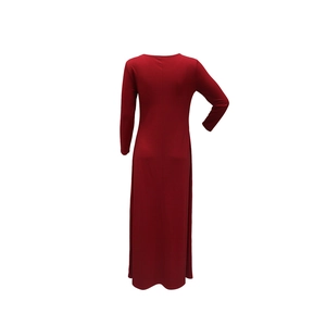 Detailed view of the dark red long-sleeved maxi dress with elegant rhinestone accents