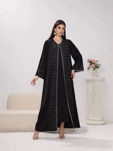 Women Muslim Abaya Black Rhinestone Long Sleeve Open Cardigan And Inner Dress For Party Festive Ethnic Wear