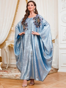 Women Elegant Metallic Luster Kaftan Maxi Dress Sequin Flower Applique Loose Batwing Sleeve Party Evening Banquet Gown