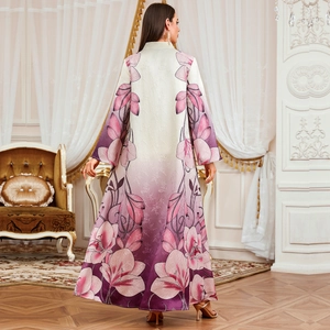 Detailed back view of luxury jacquard long robe with pink lily print and purple gradient