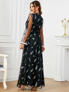 Detailed back view of a black tulle robe featuring elegant gold and silver feather embroidery