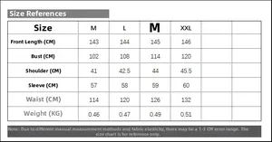 Detailed size chart for long printed dress including length bust shoulder and sleeve measurements
