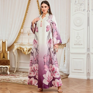 Women Elegant Gradient Purple Floral Print Maxi Dress Kaftan Jacquard Long Sleeve V-Neck With Tassel Evening Party Abaya Robe