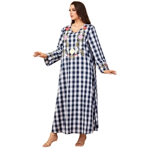 Blue and white plaid maxi dress with V-neckline and colorful floral embroidery for women