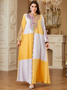 Women's yellow and white patchwork kaftan dress with bohemian floral embroidery
