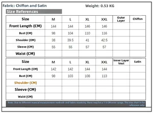Detailed size chart for two-piece V-neck dress made of chiffon and satin fabric