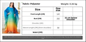 Size chart showing long gradient loose jalabiya dress measurements for women