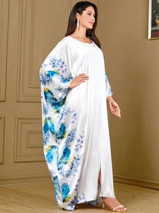 Elegant white satin kaftan with blue floral print and batwing sleeves for women