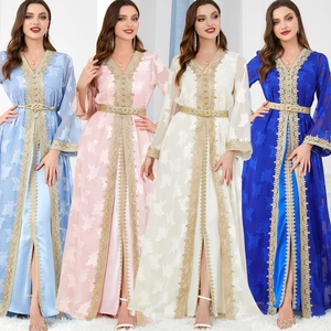 Women Moroccan Kaftan Abaya Outer Gown And Inner Dress Gold Lace Trim Long Sleeve Maxi Ethnic Party Embroidery Gown