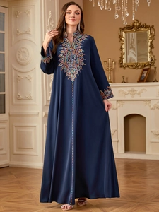 Robe Maxi Jalabiya Kaftan Musulmane à Manches Longues avec Broderie Ethnique pour Femme Robe Abaya en Polyester Élégante