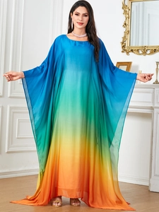 Women Fashion Gradient Jalabiya Kaftan Dress Loose Batwing Sleeve Round Neck Polyester Maxi Long Gown For Vacation Party