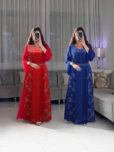 Robe Maxi Abaya Musulmane Élégante pour Femme Broderie Strass Mousseline Manches Longues Kaftan Robe de Soirée Avec Ceinture