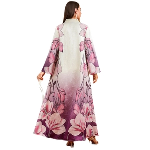 Elegant floral print kaftan maxi dress with white to purple gradient and long sleeves