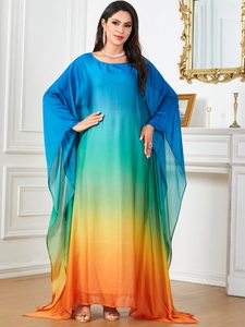 Elegant gradient kaftan dress with long batwing sleeves in vibrant blue and orange