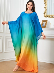 Elegant gradient kaftan maxi dress with batwing sleeves and colorful chiffon fabric
