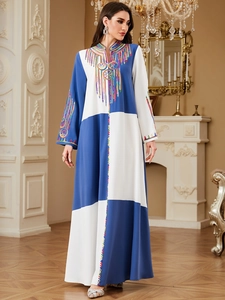Women Elegant Color Block Embroidery Kaftan Maxi Dress Ethnic Splicing Long Sleeve Loose Abaya Robe For Party Festival