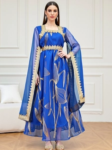 Elegant navy blue kaftan dress with gold embroidery and cape sleeves for formal events