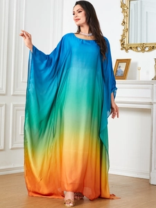 Elegant gradient kaftan dress with long batwing sleeves and colorful vertical transition