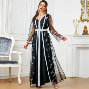 Elegant black mesh two-piece maxi dress with silver feather embroidery and lace trim