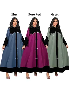 Elegant Women's Spliced Velvet Satin Abaya Long Dress With Rhinestones Beadwork Muslim Kaftan Ethnic Party Gown