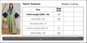 Size chart showing 144cm length and 180cm bust for polyester embroidered kaftan dress