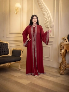 Elegant dark red chiffon kaftan with rhinestone embellishments and tassel necktie detail
