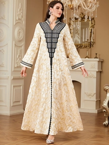 Ethnic Embroidered V-Neck Kaftan Dress For Women Maxi Long Sleeve Tribal Printed Urban Casual Abaya Party Evening Gown