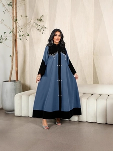 Elegant navy blue velvet patchwork abaya with silver beaded floral embroidery decoration