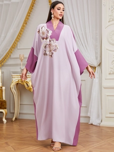 Women V Neck Contrast Color Patchwork Kaftan Dress Sequin Floral Embroidery Loose Maxi Abaya Party Formal Gown