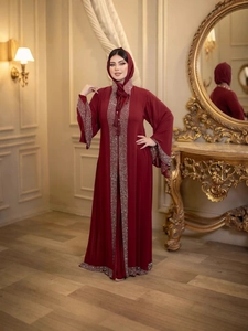 Elegant deep red abaya set with sparkling silver rhinestones and matching hijab veil