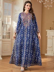 Robe Maxi Kaftan Ethnique pour Femmes Col en V Brodée Imprimé Géométrique Manches Longues Jalabiya Robe pour Fête Banquet